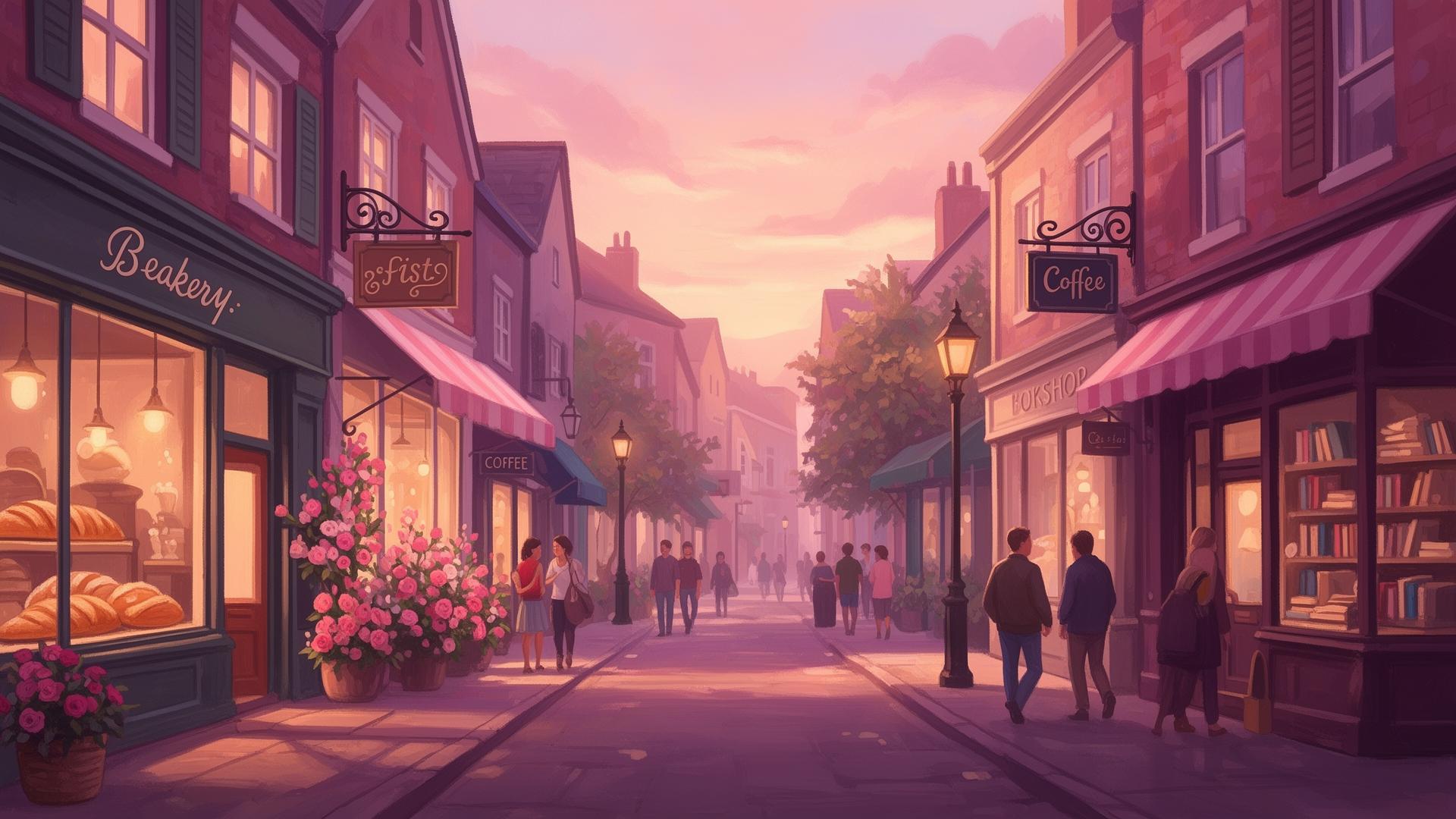 Painterly illustration of a vibrant local high street at dusk